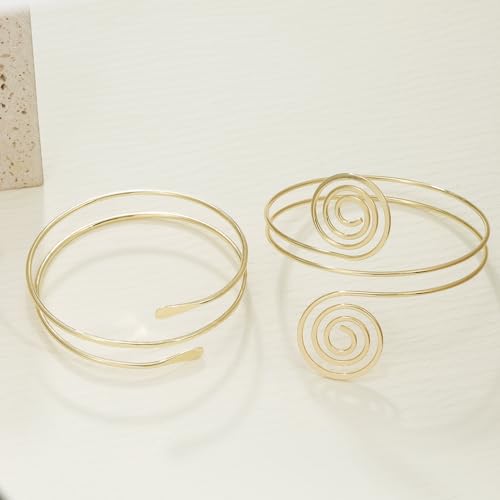 BOMAIL 2Pcs Gold Arm Cuff Bracelets Set for Women | Open Adjustable, large Upper Arm Bangles, Coil Swirl Armlet,Ren Faire Armband,Minimalist ,Goddess - style: E Style