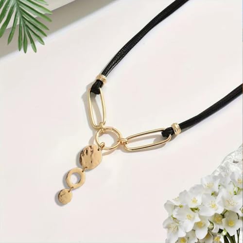 Trendy Retro 14k Gold Round Coin Disc Black Rope Necklace for Women, Vintage Chunky Long Coins Paperclip Drop Y Necklaces Prom Y2k Party Jewelry Gifts