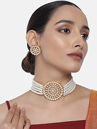 Aheli Pearl Diamond Choker Necklace & Round Earrings Gift for Women Indian Traditional Bollywood Fashion Bharatanatyam jewellery set - color: White 2