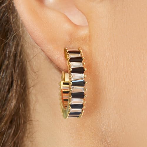 Trendy 14K Gold Plated Hoop Earrings for Women, Chunky Gold/Silver Earrings for Women Cubic Zirconia Baguette Hoop Earrings Heart Hoops Lightweight Hypoallergenic Jewelry,25mm/35mm/40mm/50mm - color: 01 Gold White and Black Hoops 25mm
