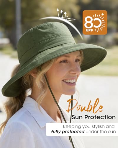 FURTALK Sun Hats for Women Wide Brim Ponytail Beach Sun Protection Hat with Fold-Up Brim Bucket Hat - color: Green