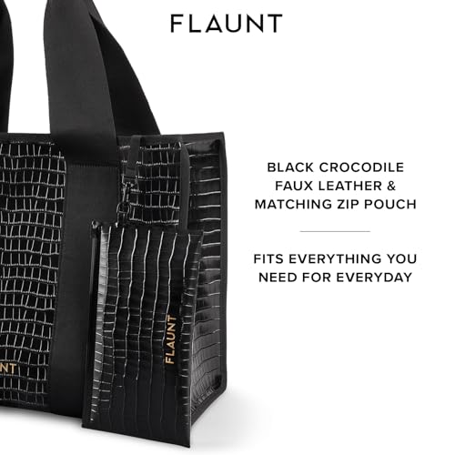 FLAUNT Everyday Tote Bag with Phone Pouch for Women - Lightweight, Airline Approved, Easy To Carry, Foldable & Washable - color: Black Crocodile