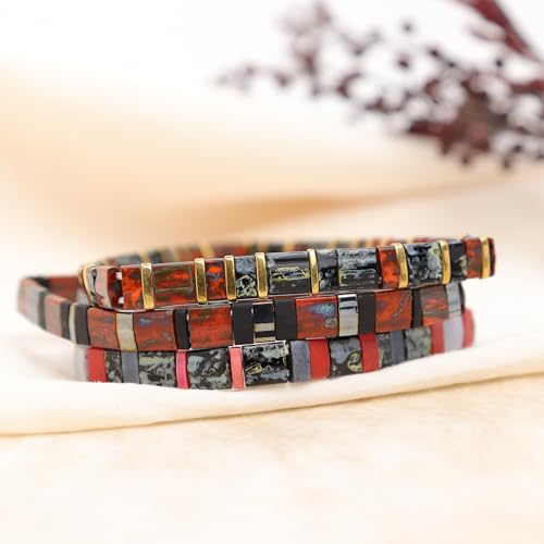 Sonateomber Tila Flat Beaded Stretch Stack Bracelets Set for Women, Trendy Stackable Colorful Glass Square Beads Bracelet Friendship Accessories Jewelry Gift - color: Gold Black Red Gray