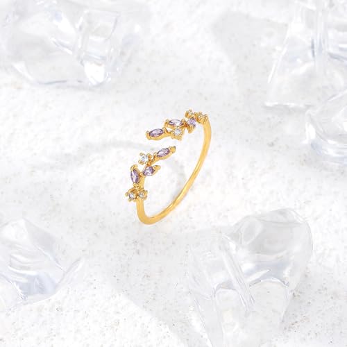 Dainty Rings Open Adjustable Ring Leaf Ring for Women Dainty Stackable Rings for Women - color: Purple