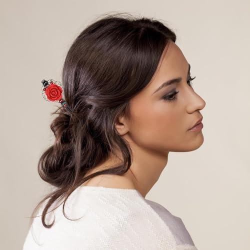 3 Pieces Retro Wooden Hair Sticks with Tassels and Flowers - Vintage Handmade Rose Hair Accessories for Women and Girls