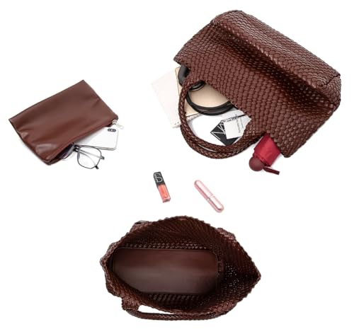 Handmade Woven Tote Bag for Women, Soft Vegan Leather Shoulder Bag with Purse, Large Travel Handbag - color: Red-brown