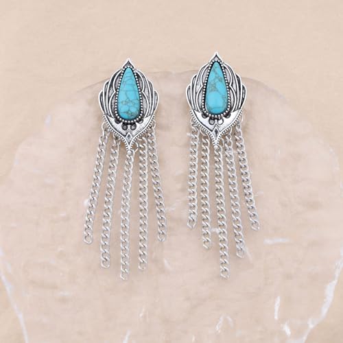 Boho Long Chain Tassel Dangle Earrings Ethnic Geometric Turquoise Stud Earrings Silver Fringe Chandelier Earrings Statement Jewelry for Women