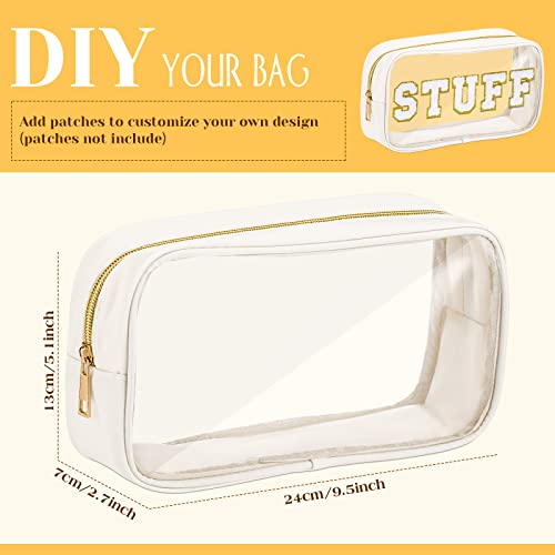 9 Pcs Preppy Clear Makeup Bag DIY Chenille Letter Pouch Large Nylon Makeup Bag Travel Toiletry Zipper Cosmetic Organizer Pouch PVC Bags for Women, 9.5 x 5.1 x 2.8 Inch(Cream White) - color: Cream White