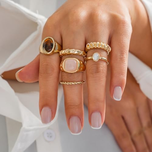 Chunky Gold Rings for Women Non Tarnish Silver Chunky Rings Set Adjustable Thick Statement Ring Gold Stackable Ring for Women Trendy Fashion Silver Jewelry - style: Style8-Gemstone Gold 6Pcs
