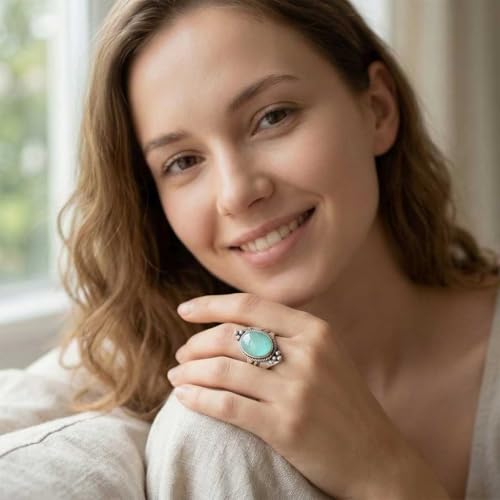 Handmade 925 Sterling Silver Plated Ring Natural Gemstone Carnelian, Rose Quartz, Tiger Eye, Crystal Oval Boho Jewelry For Women - color: Aqua Chalcedony