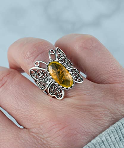 Filigranist Sterling Silver Filigree Art Butterfly Women Cocktail Ring with Gemstones - color: Citrine
