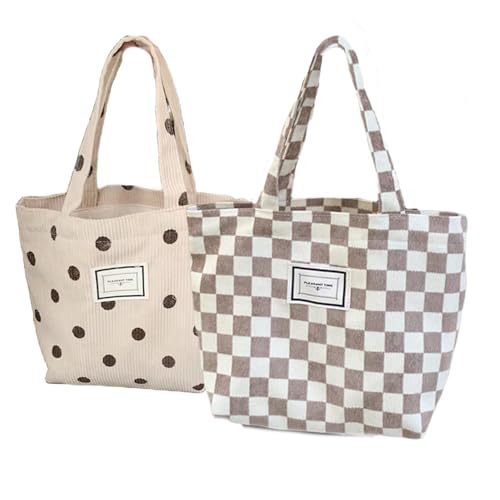 Kovewon 2PCS Corduroy Small Tote Bag for Women Cute Checkerboard Mini Tote Bag Preppy Aesthetic Reusable Bags for Grocery, Essentials, Water Bottle, Keys - color: Brown