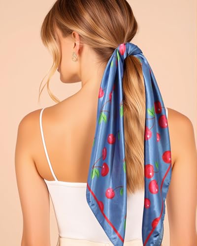 AWAYTR 35” Square Satin Head Scarf Hair Scarf for Women's Hair Silk Bandana for Women Silk Head Wrap for Sleeping - color: Cherry Blue