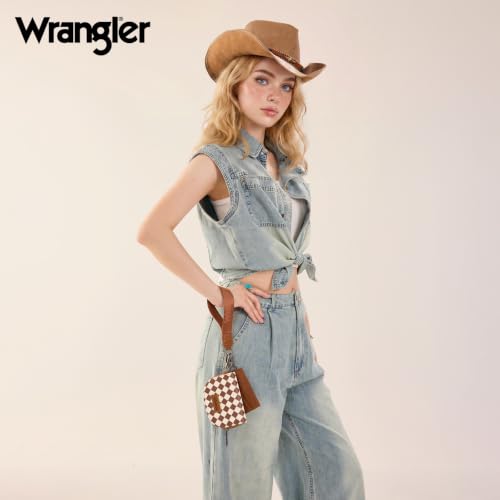 Montana West Wrangler KeyChain Wallet Checkered Wristlet Wallets for Women Western Dual Pouch Wristlet Credit Card Holder Wallet - color: Checkered Brown