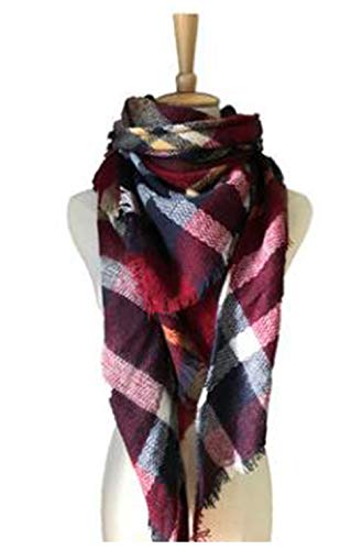 Wander Agio Womens Warm Long Shawl Winter Wraps Large Scarves Knit Cashmere Feel Plaid Triangle Scarf - color: Big Wine Red 25