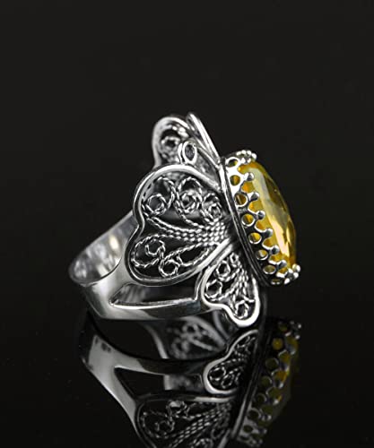 Filigranist Sterling Silver Filigree Art Butterfly Women Cocktail Ring with Gemstones - color: Citrine