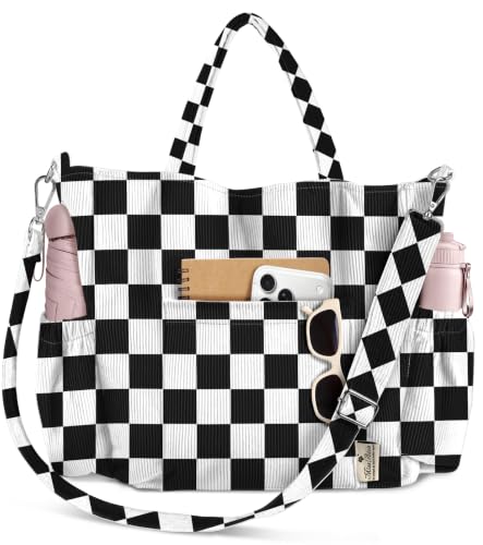 Miss Adola Crossbody Corduroy Tote Bag for Women, Large Tote Bag with Multi-Pockets and Zipper for Travel Work - color: Black and White Checkerboard