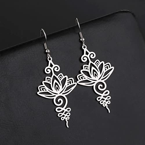 TEAMER Stainless Steel Lotus Flower Dangle Earrings Bohemian Drop Earring Unique Geometric Jewelry for Women - color: Lotus 2-Steel Color