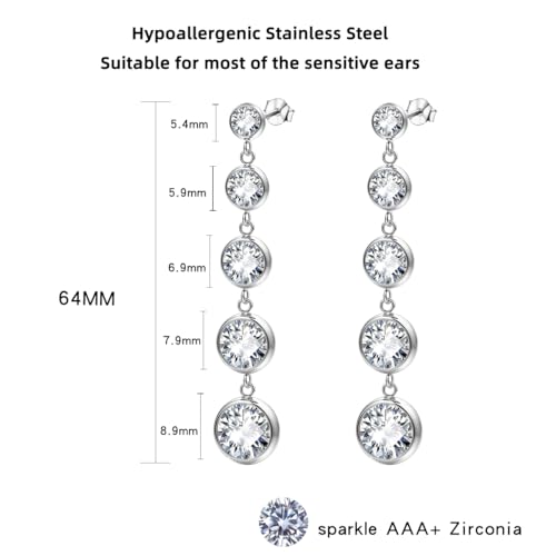 Women's Long Sparkly Dangle Earrings Hypoallergenic Stainless Steel 14K Gold Plated Lightweight CZ Statement Studs - color: Silver