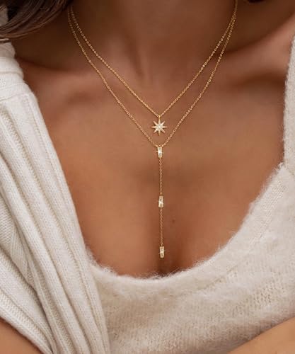 CHESKY Long Necklaces for Women, 14k Gold Plated/Streling Silver Lariat Necklace Dainty Statement Prom Necklace Rosary Cross Sun Drop Pendant Dangle Necklace Gold Prom Jewelry for Women Gifts - style: y necklace 08
