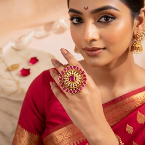 Efulgenz Indian Jewelry Rings for Women Antique Round Faux Pearl Crystal Bollywood Adjustable Big Finger Ring Fashion Party Statement Jewelry for Women - color: Dark Pink