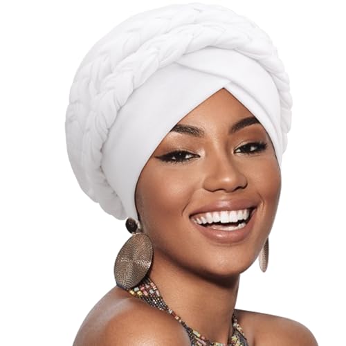 African Women Turban Caps Pre-Tied Twisted Turbans Head Scarf for Women Hair Wraps Cover Beanie Cancer Chemo Headwear - color: 1 Pack Double Twisted Braid A: White