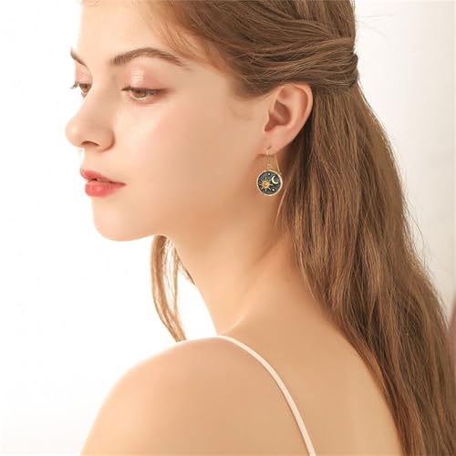 Dreuyet Vintage Sun Moon Earrings and Necklace Set for Women Boho Antiqued Crytal Sun Moon Dangle Drop Earrings Necklace Unique Handmade Retro Round Coin Celestial Jewelry Gifts - color: Gold Black