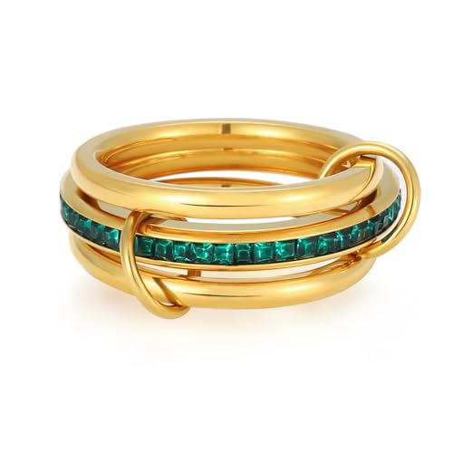 Gold Stackable Rings for Women,18K Gold Plated with Green Cubic Zirconia,Vintage Gold Stacked Multi Ring Interlocking Mixed Stacked Rings for Women Non Tarnish - color: Gold Green 3 Set