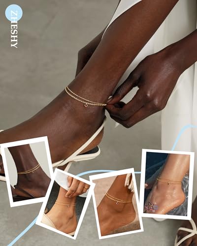 ZHESHY Ankle Bracelets for Women Gold Anklets with Birthstone 14K Gold Plated Dainty Layered Anklets Waterproof Non Tarnish Chain Anklet Bracelets Summer Beach Jewelry Birthday Gifts - color: 01.January(Garnet)