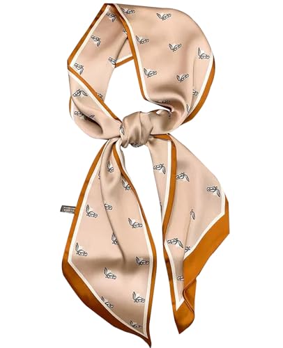 kcctoo 59" Mulberry Silk Like Head Scarf Women's Fashion Square Neck Satin Scarfs for Bag Hair Scarves Gift 59 * 5.9” - color: A002-khaki Spotted Horse Head/59"x5.9"