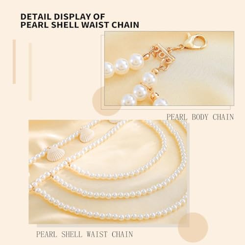 Pearl Waist Chain for Women Shell Body Chain Double Adjustable Belly Chain White Beaded Waist Belt