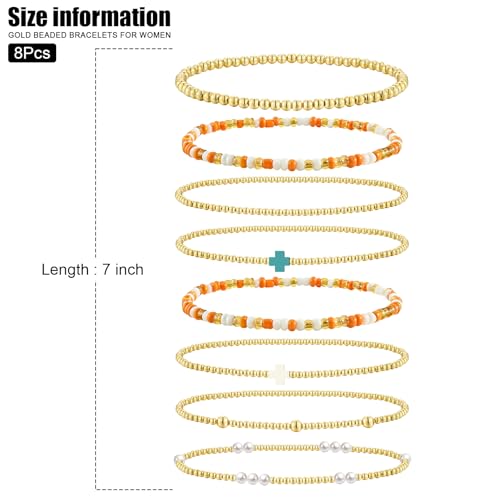 VIBILIA Gold Beaded Bracelets Set for Women 14K Gold Plated Dainty Pearl Cross Bracelet Stack Stretch Bracelet Set Fashion Accessories Gifts - color: 8P-#02-6441-Orange