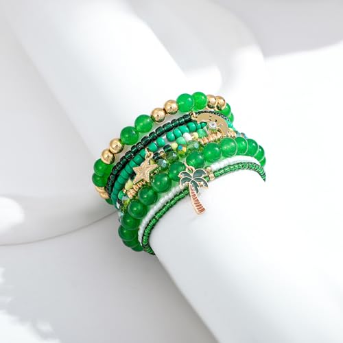 Shell Bracelet Seashell Boho Beaded Stretch Bracelets for Women Summer Beach Bracelets Starfish Charm Bracelet Stackable Gold Plated Bracelets Set for Women - color: f-green1