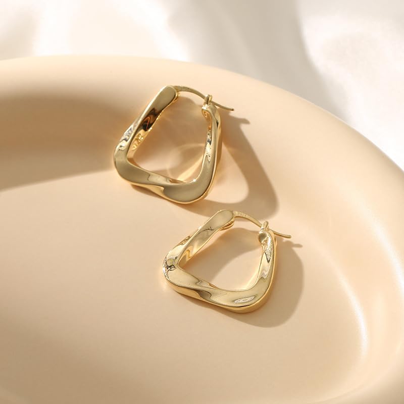 Geometric Hoop Earrings, Stainless Steel, Twisted Textured Trapezoid Design, Anti-Allergic - color: Gold