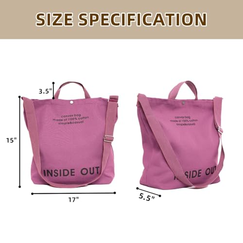 Canvas Tote Bag For Women inside out bag Crossbody Handbag with Adjustable Strap and Coin Purse for Work,Travel,Grocery - color: Pink