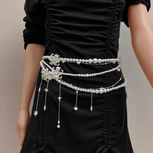 Multilayer Imitation Pearl Waist Chain for Women Trendy Waistband White Pearl Body Chain Long Tassel Pendant Waist Chain Wedding Bridal Dress Belt Fashion Trend Metal Chain Body Chain Jewelry - color: White Flowers