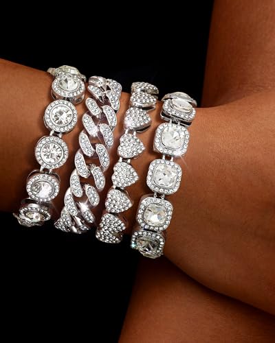 TEN MIRO Silver Plated Bracelets for Women,Silver Tennis Bracelets for Women Non Tarnish Heart Round Square Cuban Bracelet stack Layered Link Bracelet Set Fashion Jewelry for Women or Men