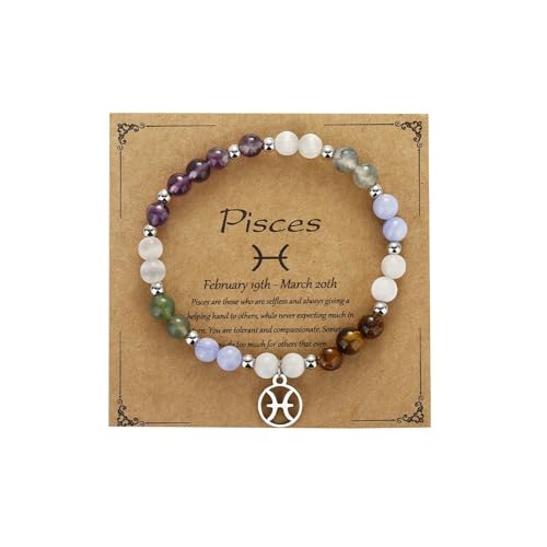 Zodiac Natural Stone Bracelet – Handmade Crystal Healing Bracelet with Zodiac Charm – Adjustable Beaded Jewelry Gift for Women Men Girls - color: Pisces