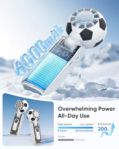Hiluckey Portable Handheld Turbo Fan with Ice Cooler, 5 Gear Wind, Soccer-Shaped Mini Personal Fan, 6000mAh Football Rechargeable Pocket Fan for Travel/Outdoor/Office, 180° Adjustable (White) - color: White