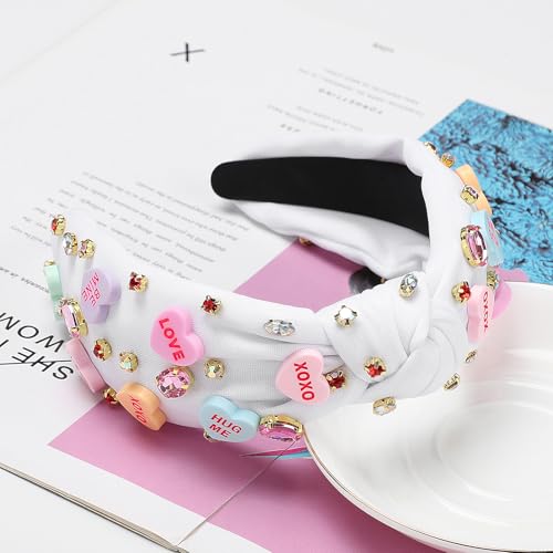 WantGor Pearl Knotted Headband, Women Rhinestone Embellished Hairband Elegant Wide Top Knot Bride Headbands Headpieces Party Fashion Elegant Ladies Hair Band Hair Hoop Accessories (Valentine White) - color: Valentine White