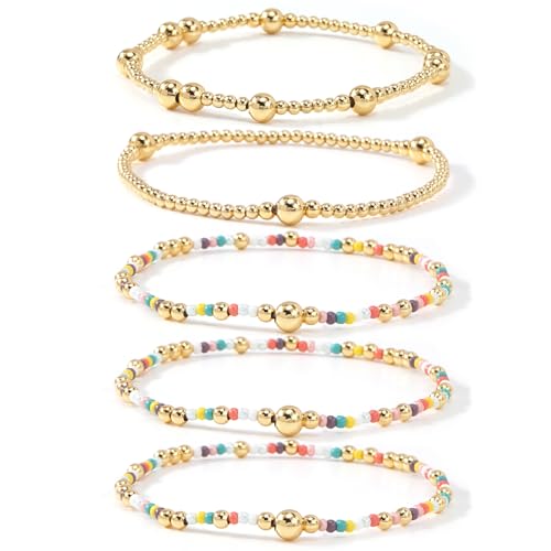 14K Gold Plated Beaded Bracelets Stack Set for Women,Stretch Boho Colorful Beads Ball Jewelry Friendship Summer Trendy - color: Colorful Pink
