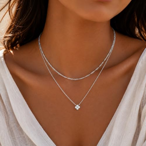 Dainty Gold Necklaces for Women Trendy Non Tarnish 14K Gold Plated Cubic Zirconia Necklace Layered Simple Cute Four Leaf Clover Choker Jewelry Birthday Gifts - color: Silver, style: Layered CZ