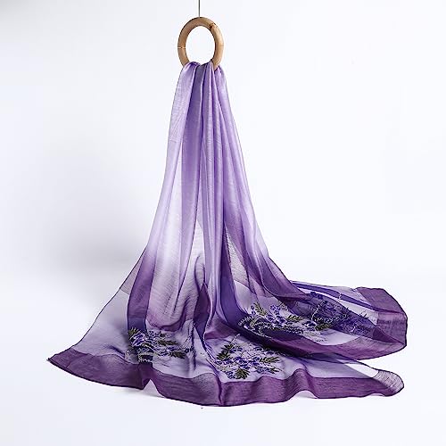 WINCESS YU Women Mulberry Silk Scarf Long & Large Embroidered Floral Pattern Shawl and Wraps Neckerchief for Hair & Neck - color: Gradient Purple