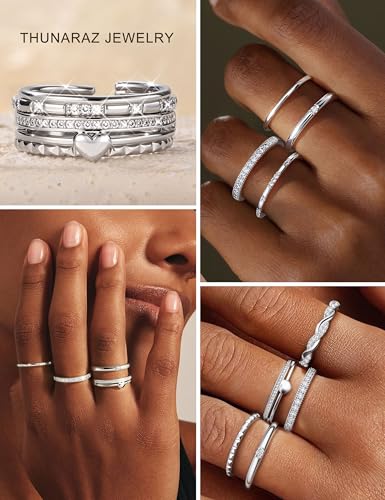 THUNARAZ 9Pcs Gold Stackable Rings for Women Non Tarnish Open Adjustable 14K Gold Plated Rings Trendy Stack Cubic Zirconia Thin Thumb Ring Set Minimalist Dainty Statement Band Ring - color: Silver Tone