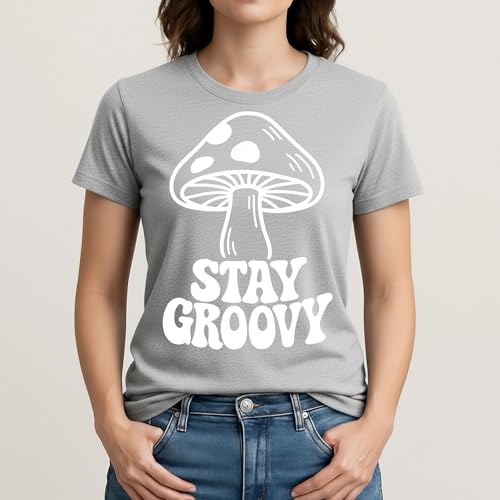 Stay Groovy Mushrooms T-Shirt– Retro Aesthetic Apparel – 100% Cotton Unisex Tee - color: Gray, size: Large