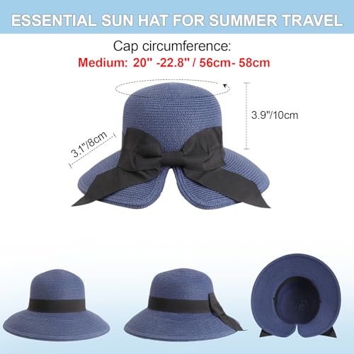 DRESHOW Sun Hats for Women Travel Fedora Foldable Beach Sun Hat Summer Wide Brim Straw Bucket Hat with Bowknot UPF 50+ - color: 1 Pack With Bowknot: Navy With Black Band
