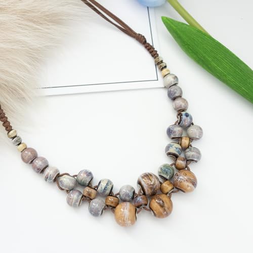 Boho Round Colorful Ceramic Beaded Necklace, Adjustable Hippie Statement Necklace, Handmade Ethnic Jewelry Gift for Women - color: Brown