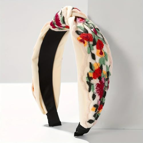 TURTLEDOVE 2 PCS Celtic Flowers Embroidered Headbands, White with Multicolor Flowers, Knotted Design, Wide Fashion Hair Accessory - color: White
