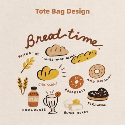 Canvas Tote Bag with Zipper for Women, Aesthetic Tote Bag with Pocket for Vacation, Shopping, Travel, Beach - style: Bread Time