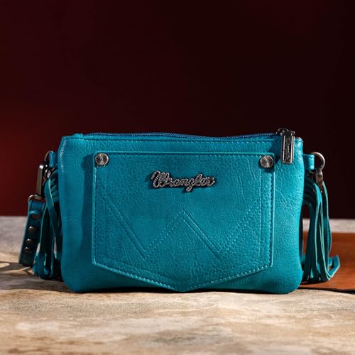 Wrangler Crossbody Small Purse for Women Wristlet Fringe Bag Western Purse - color: Angel Turquoise